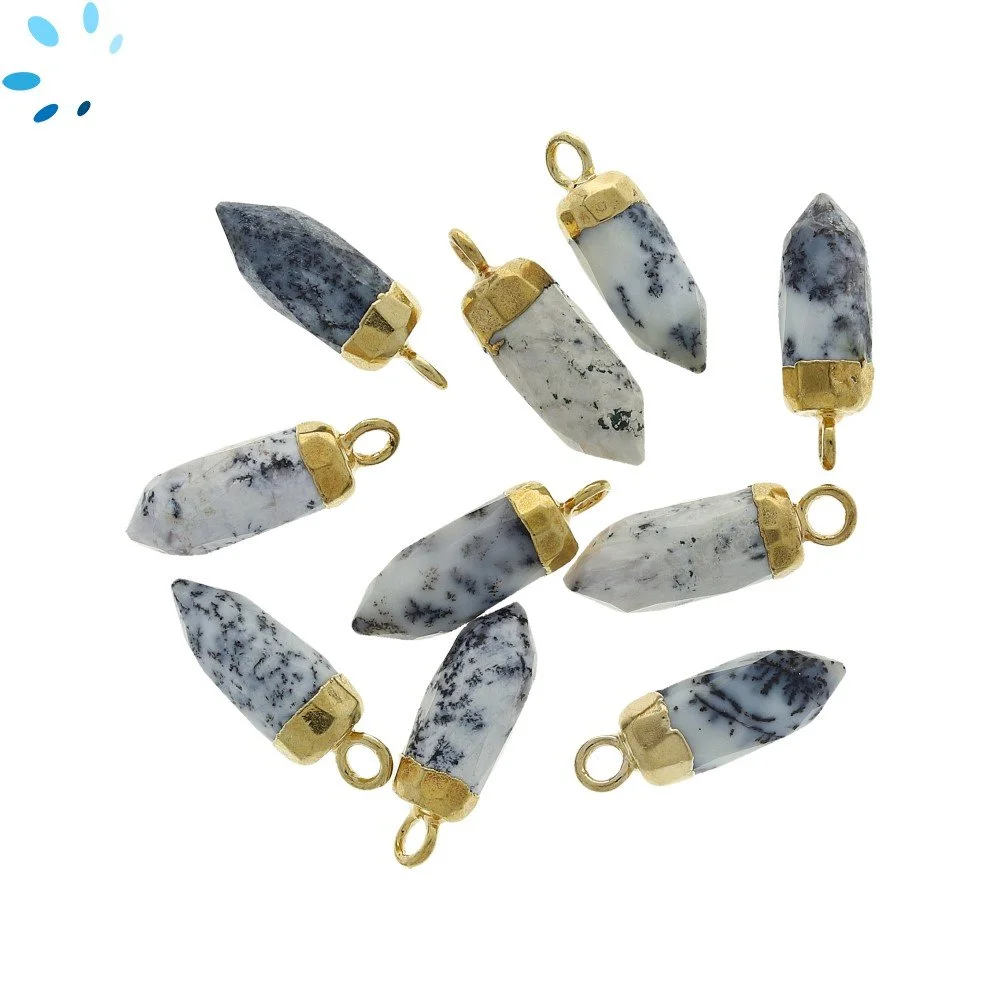 Dendrite Opal Spike Pendant Charm 13x5mm 18k Gold Electroplated - Set of 4