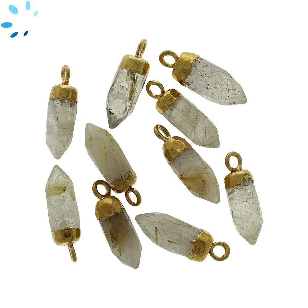 Rutilated Quartz Spike Pendant Charm 13x5mm 18k Gold Electroplated - Set of 4