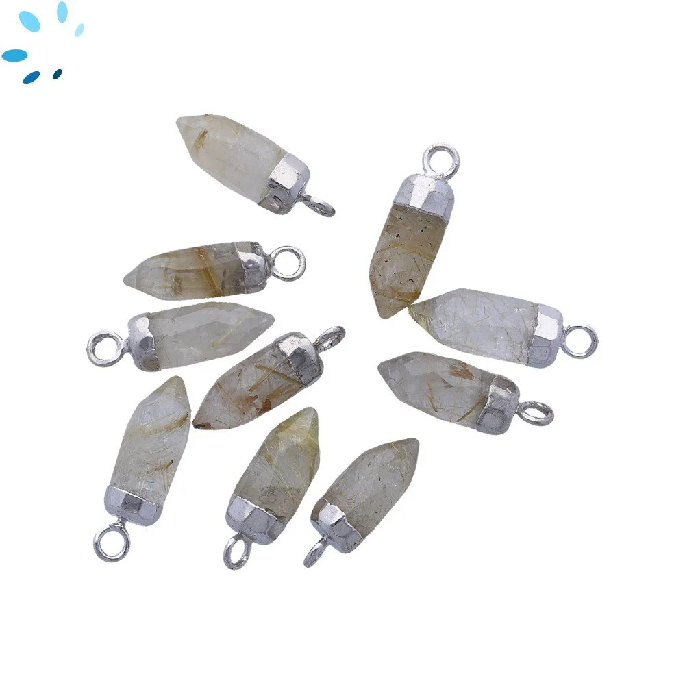 Rutilated Quartz Spike Charm Pendant 13x5mm Silver Electroplated - Set of 4