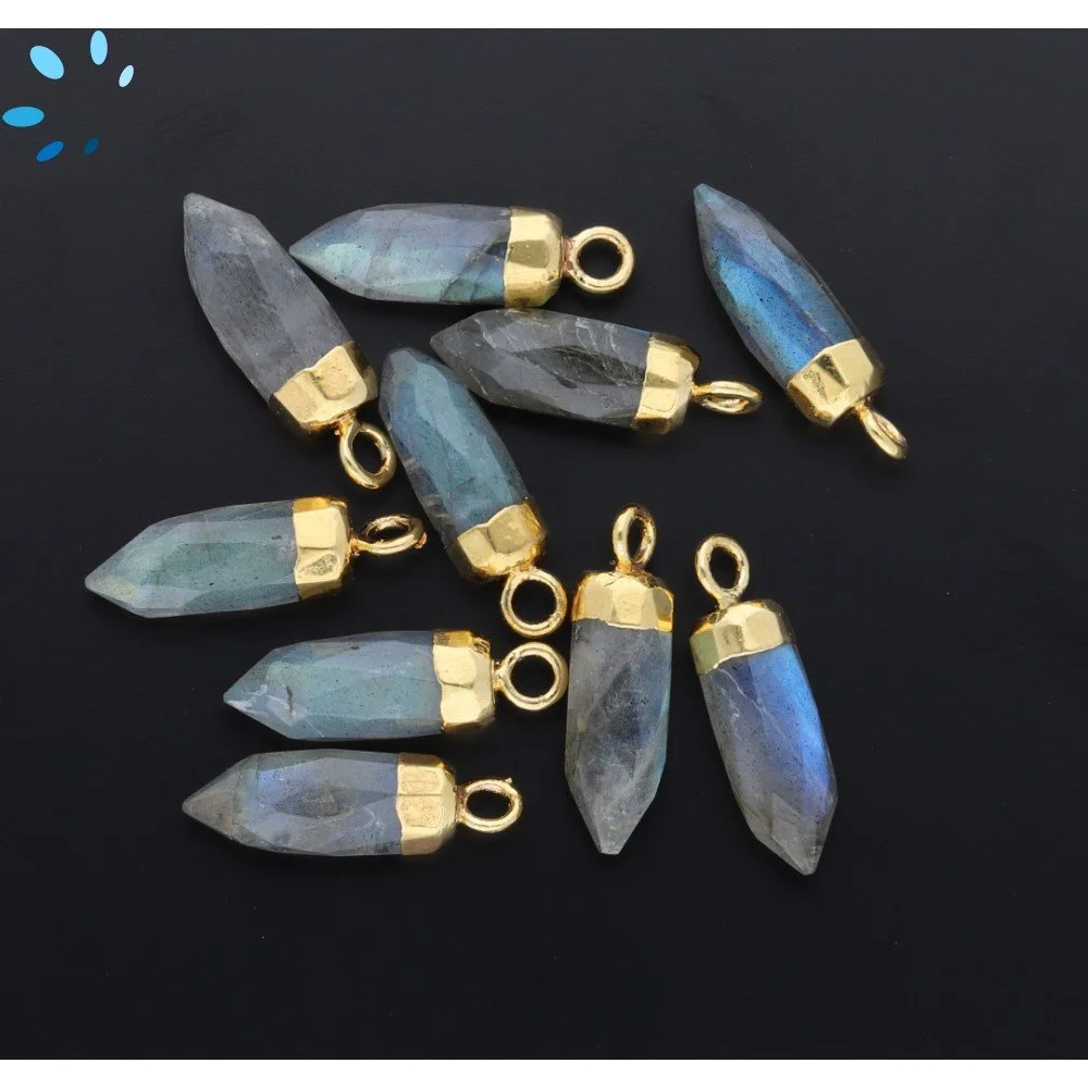 Labradorite Spike Charm Pendant 13x5mm 18k Gold Electroplated - Set of 4