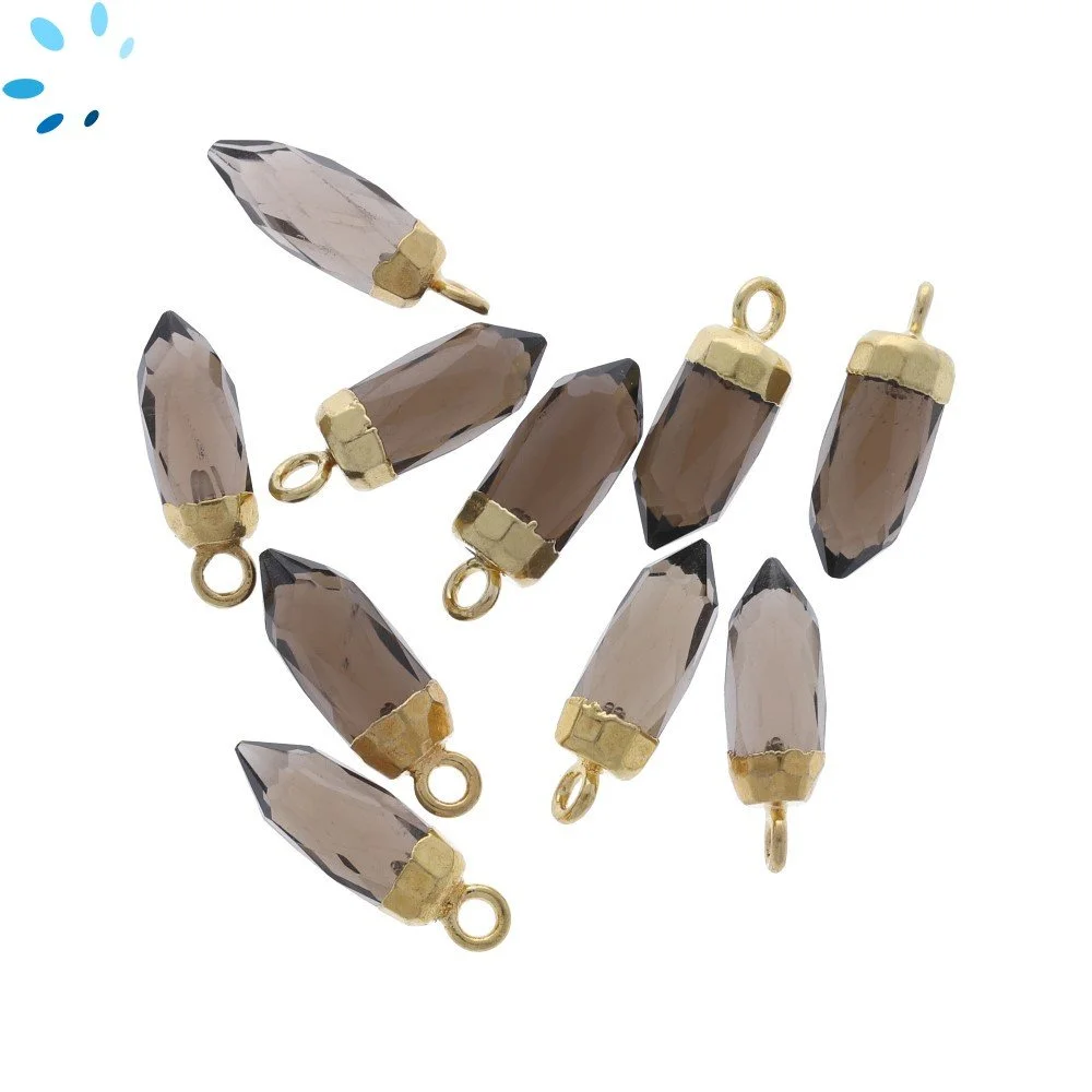 Smoky Quartz Spike Pendant Charm 13x5mm 18k Gold Electroplated - Set of 4