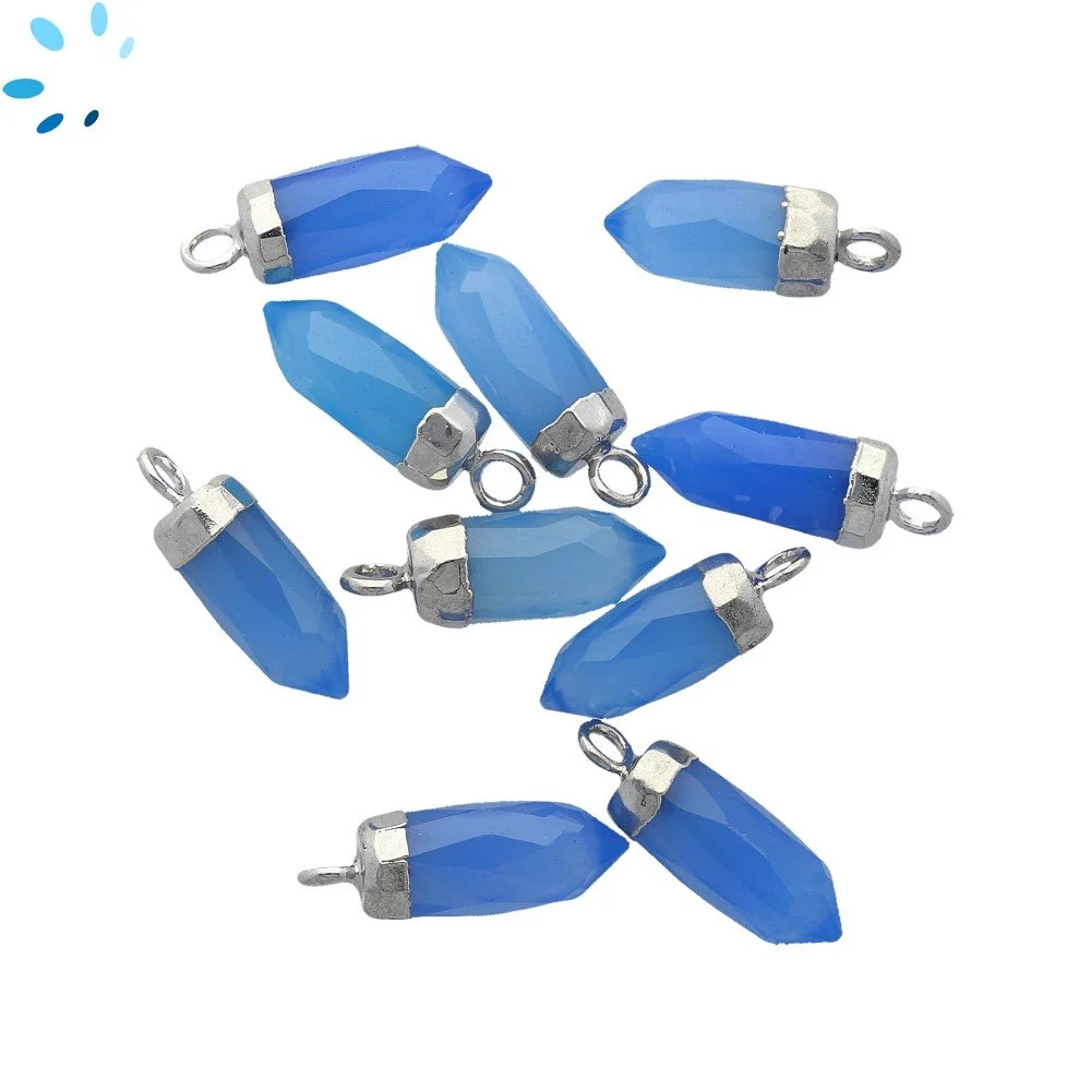 Blue Chalcedony Spike Pendant Charm 13x5mm Silver Electroplated - Set of 4