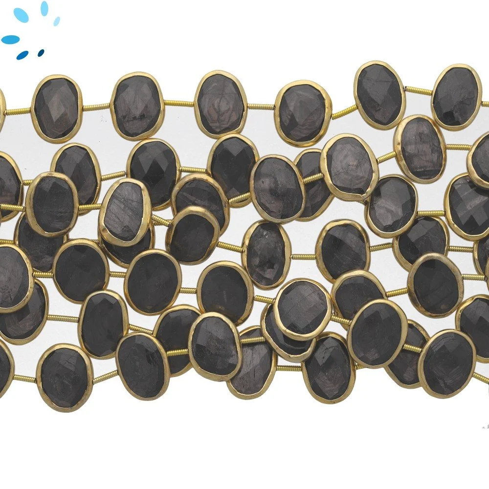 Hypersthene Faceted Nuggets Bezel Set Beads 15x12mm Center Drilled - 18k Gold Plated Sterling Silver