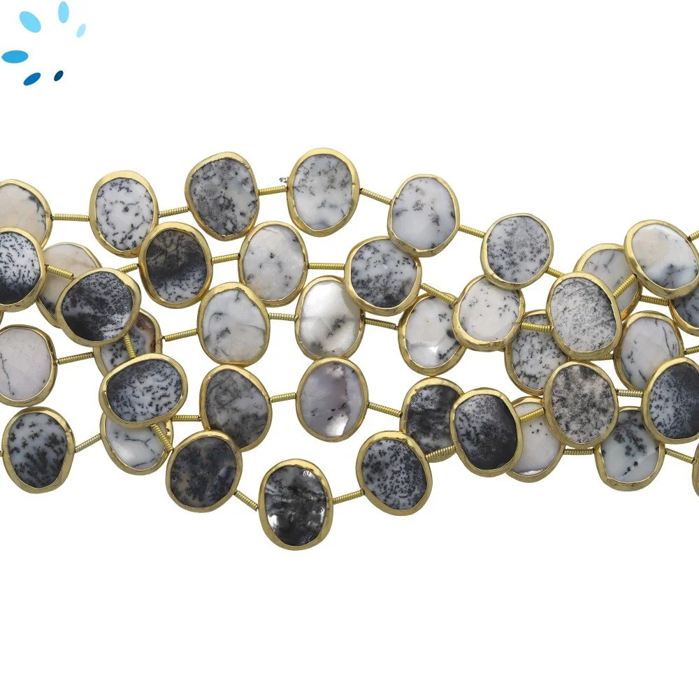 Dendrite Opal Smooth Nuggets Bezel Set Beads 15x12mm Center Drilled - 18k Gold Plated Sterling Silver