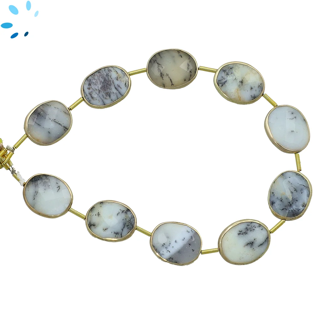 Dendrite Opal Faceted Nuggets Bezel Set Beads 15x12mm Top to Bottom Drilled - 18k Gold Plated Sterling Silver