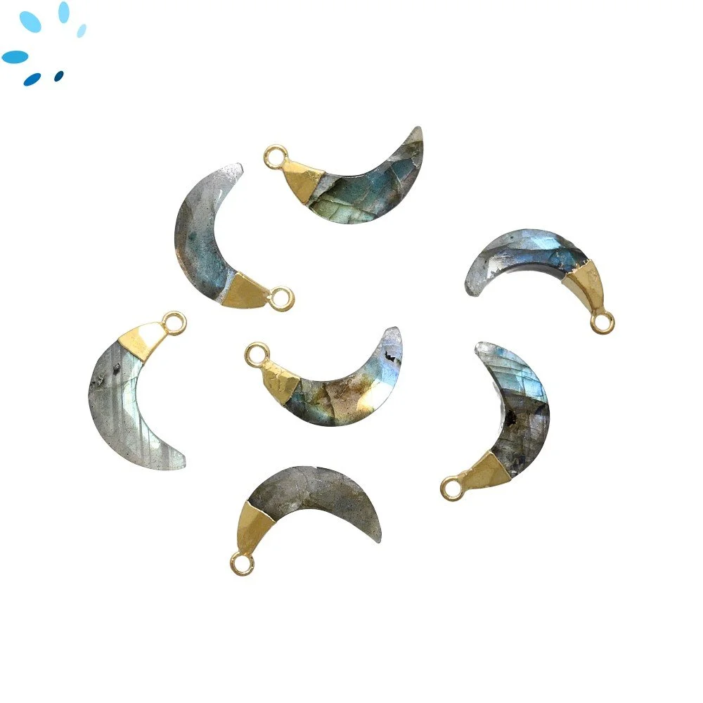 Labradorite Moon Pendant Charm 15x5mm 18k Gold Plated Electroplated - Set of 4