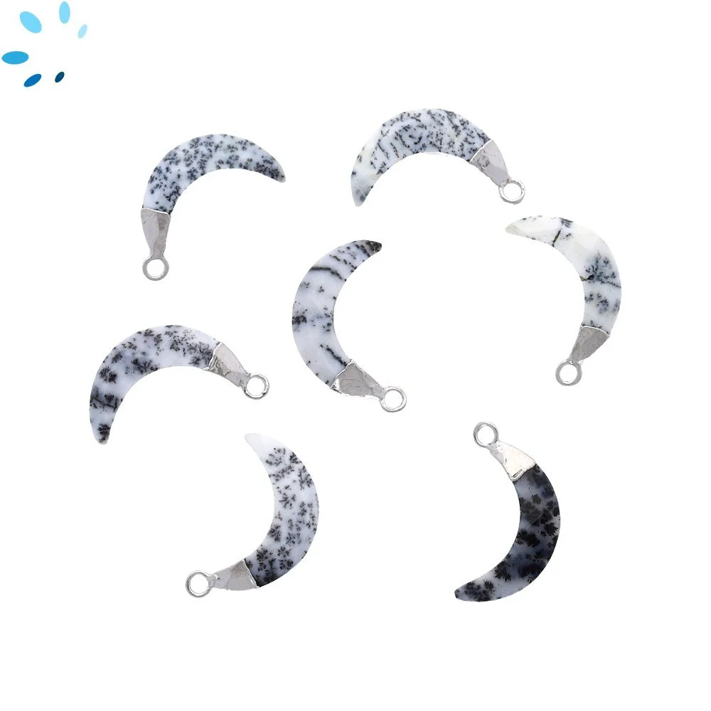 Dendrite Opal Moon Pendant Charm 15x5mm Silver Electroplated - Set of 4