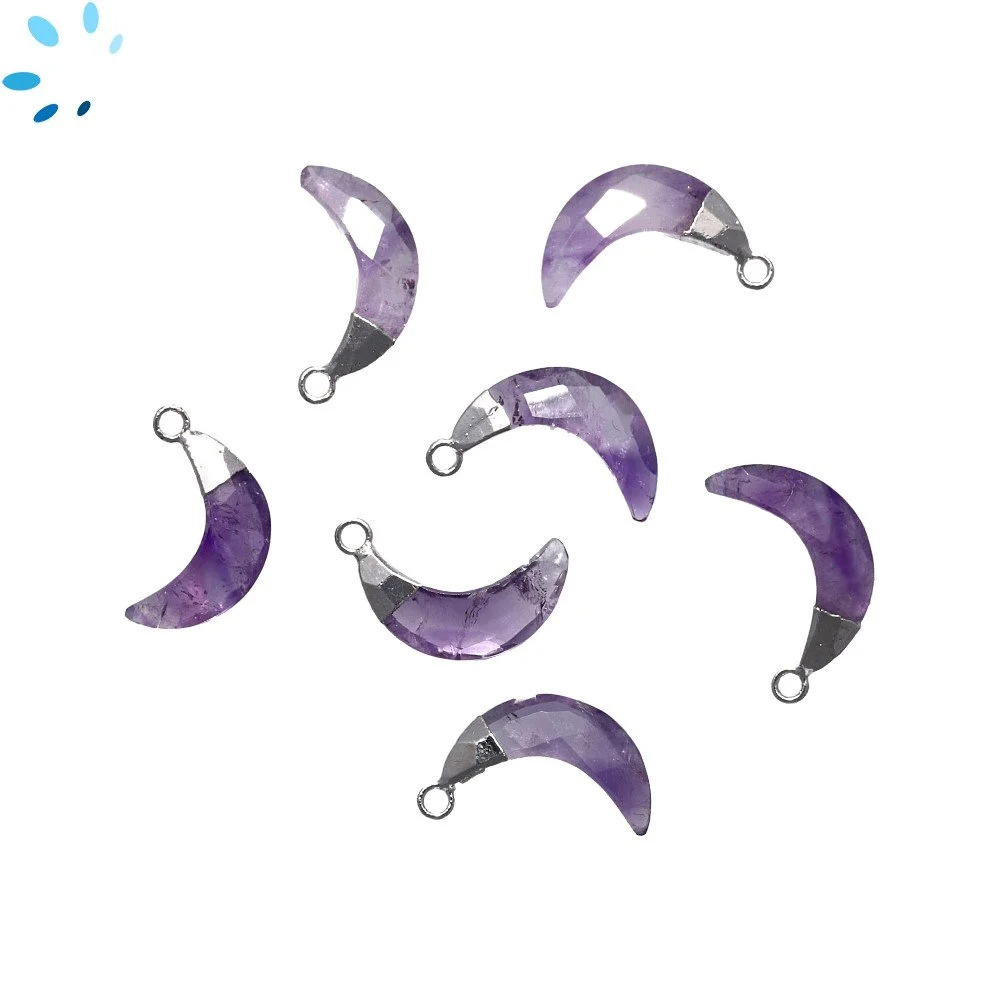 Amethyst Moon Pendant Charm 15x5mm Silver Electroplated - Set of 4