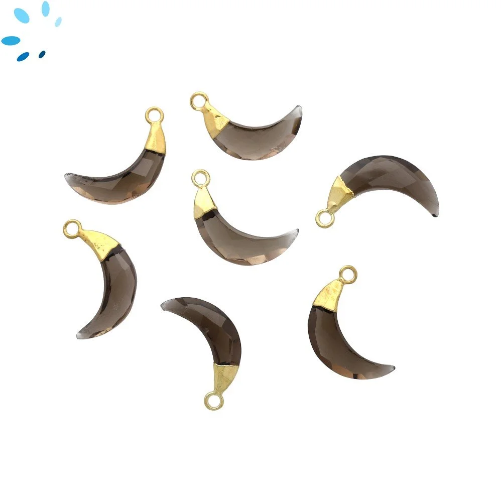 Smoky Quartz Moon Charm Pendant 15x5mm 18k Gold Electroplated - Set of 4
