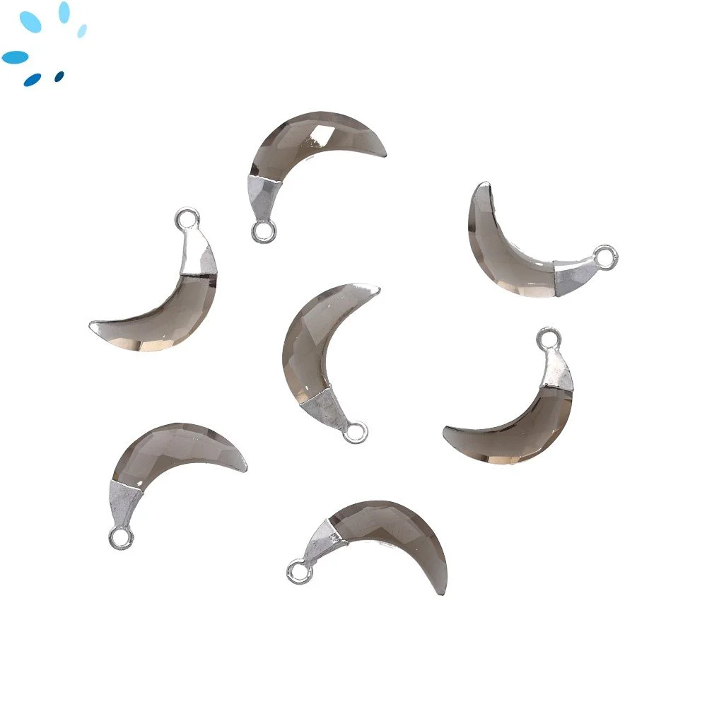 Smoky Quartz Moon Pendant Charm 15x5mm Silver Electroplated - Set of 4