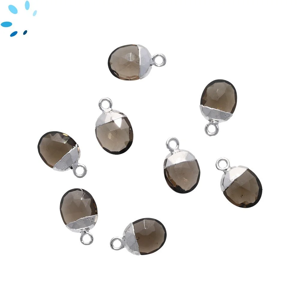 Smoky Quartz Oval Pendant Charm 10X8mm Silver Electroplated - Set of 4