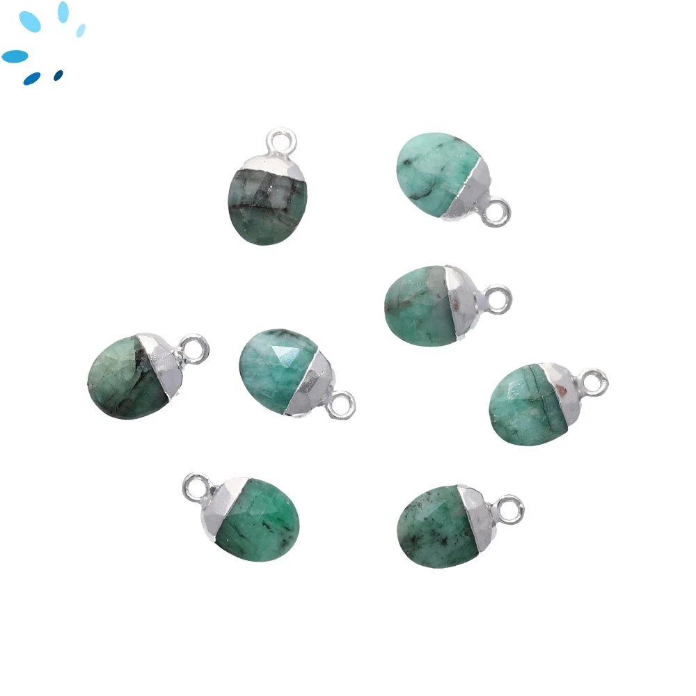 Raw Emerald Oval Pendant Charm 10X8mm Silver Electroplated - Set of 4