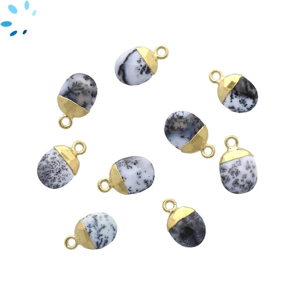Dendrite Opal Oval Charm Pendant 10X8mm 18k Gold Electroplated - Set of 4