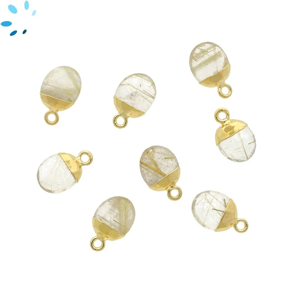 Rutilated Quartz Oval Charm Pendant 10X8mm 18k Gold Electroplated - Set of 4