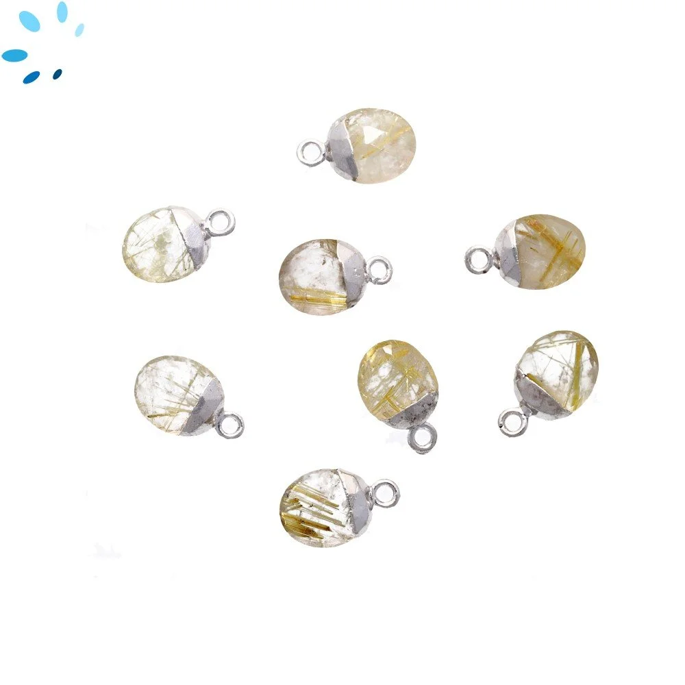 Rutilated Quartz Oval Pendant Charm 10X8mm Silver Electroplated - Set of 4