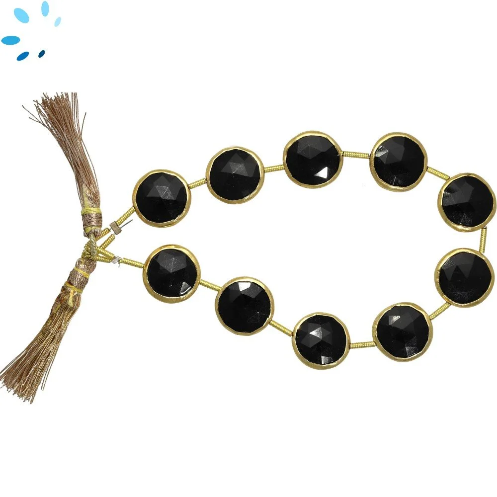 Black Onyx Faceted Coin Bezel Set Beads 10mm Center Drilled - 18k Gold Plated Sterling Silver
