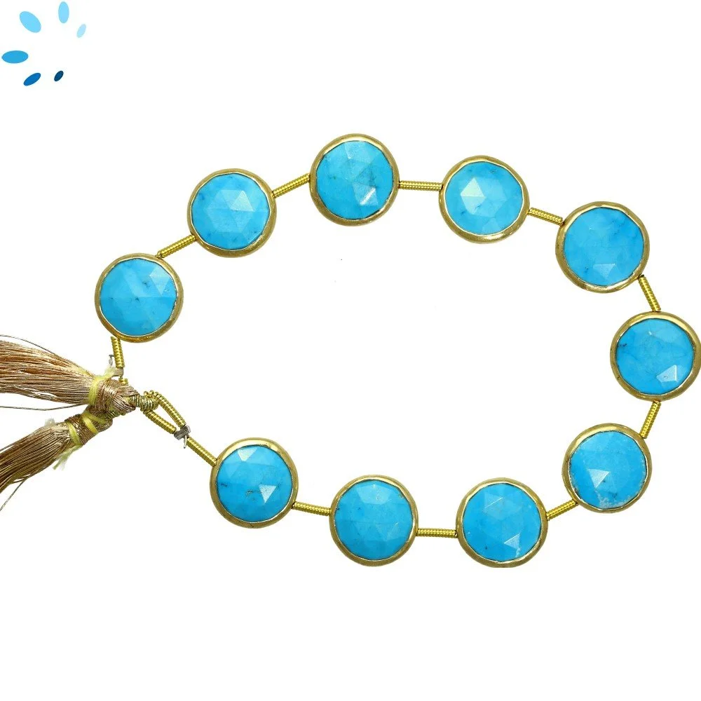 Turquoise Color Howlite Faceted Coin Bezel Set Beads 12mm Center Drilled - 18k Gold Plated Sterling Silver