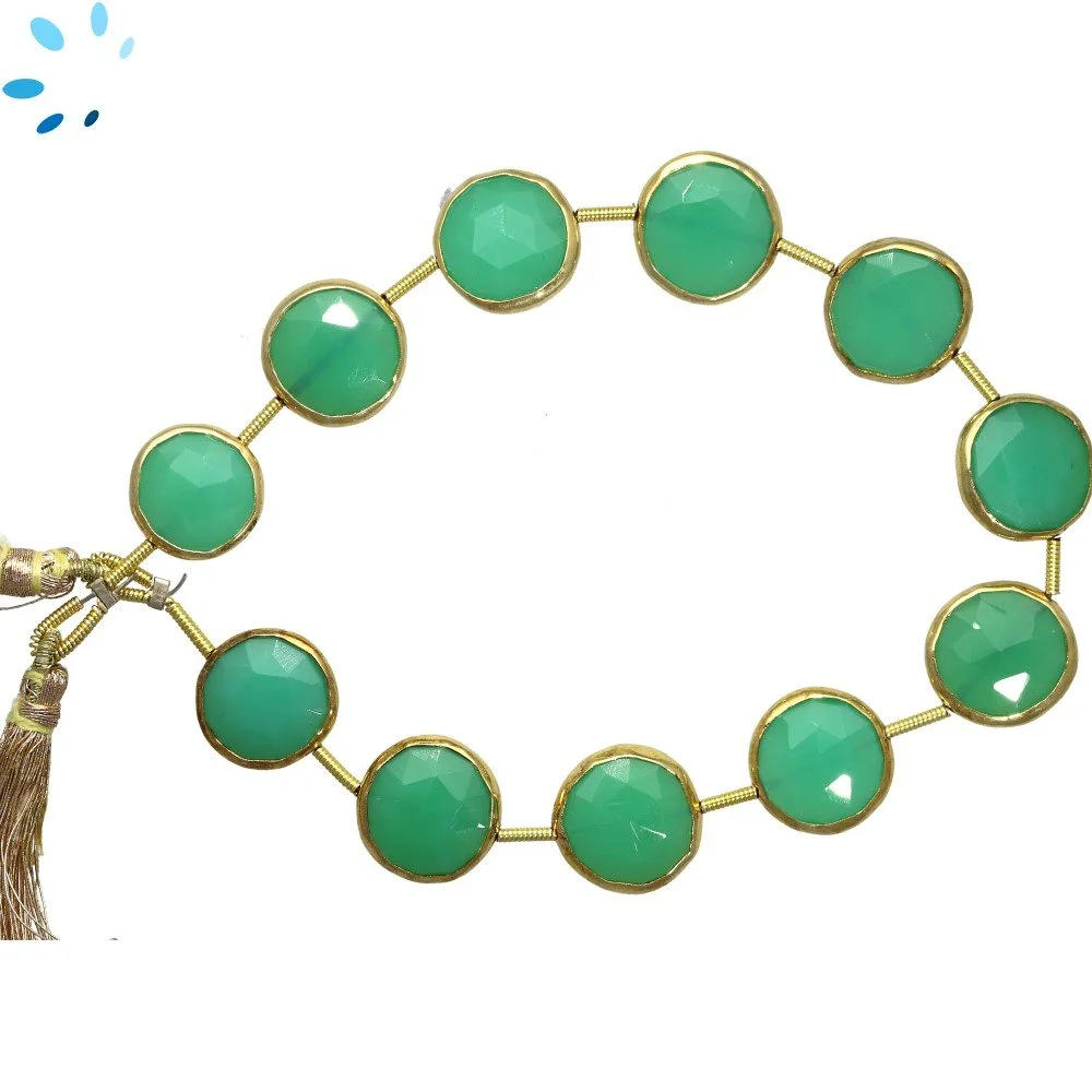 Chrysoprase Chalcedony Faceted Coin Bezel Set Beads 12mm Center Drilled - 18k Gold Plated Sterling Silver