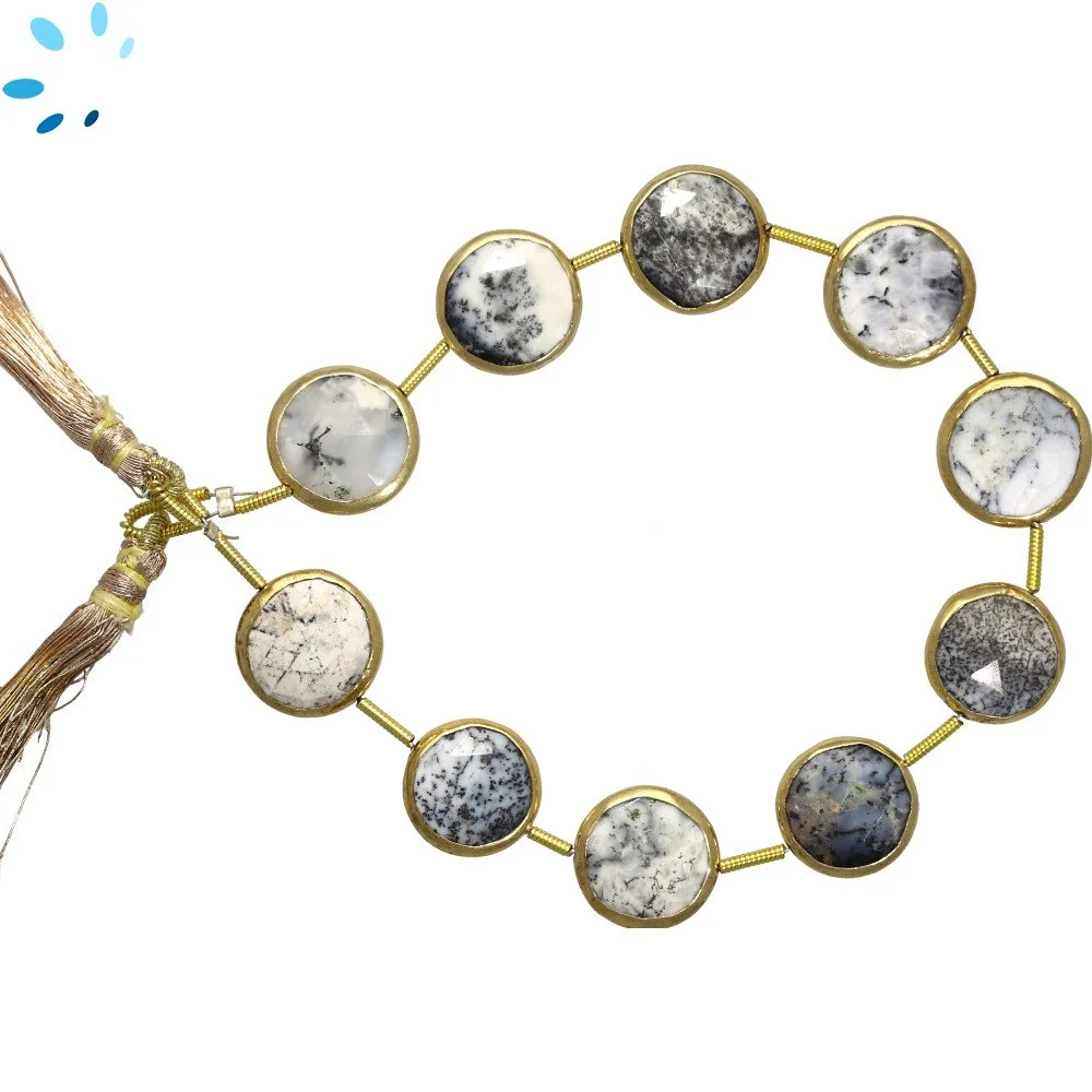 Dendrite Opal Faceted Coin Bezel Set Beads 12mm Center Drilled - 18k Gold Plated Sterling Silver