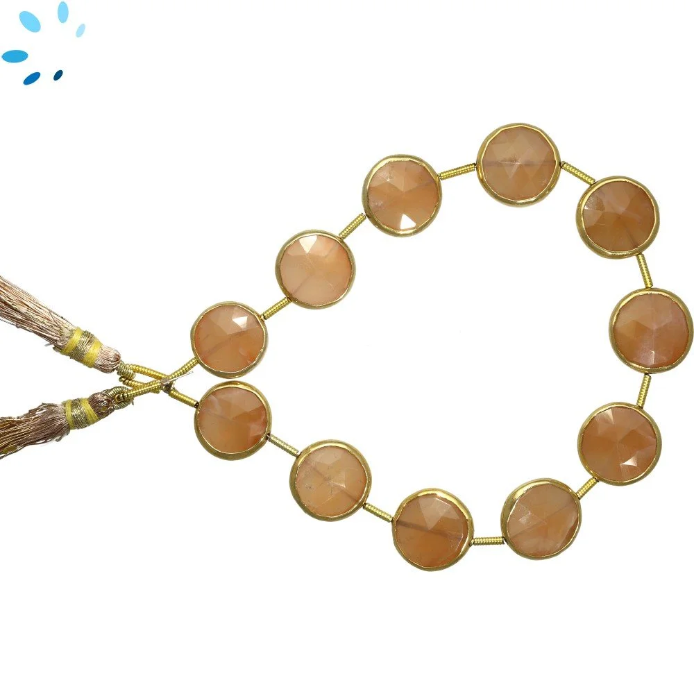 Peach Moonstone Faceted Coin Bezel Set Beads 12mm Center Drilled - 18k Gold Plated Sterling Silver