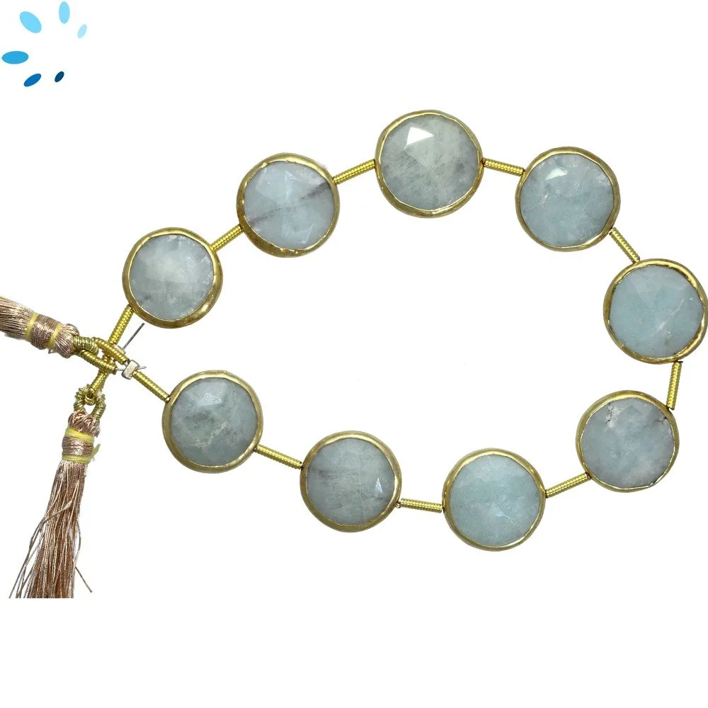Aquamarine Faceted Coin Bezel Set Beads 12mm Center Drilled - 18k Gold Plated Sterling Silver