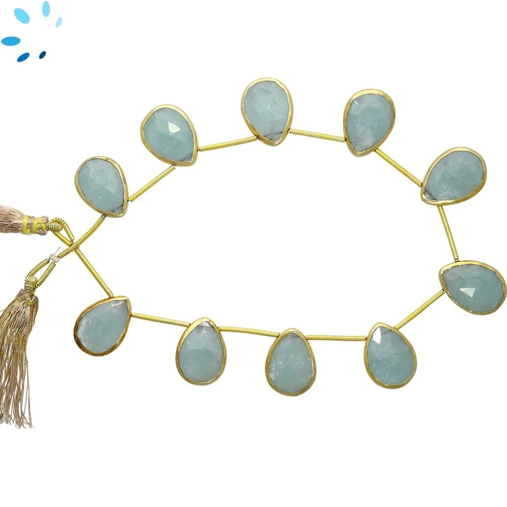 Aquamarine Faceted Pear Bezel Set Beads 13x10 - 15x12mm Top Drilled - 18k Gold Plated Sterling Silver