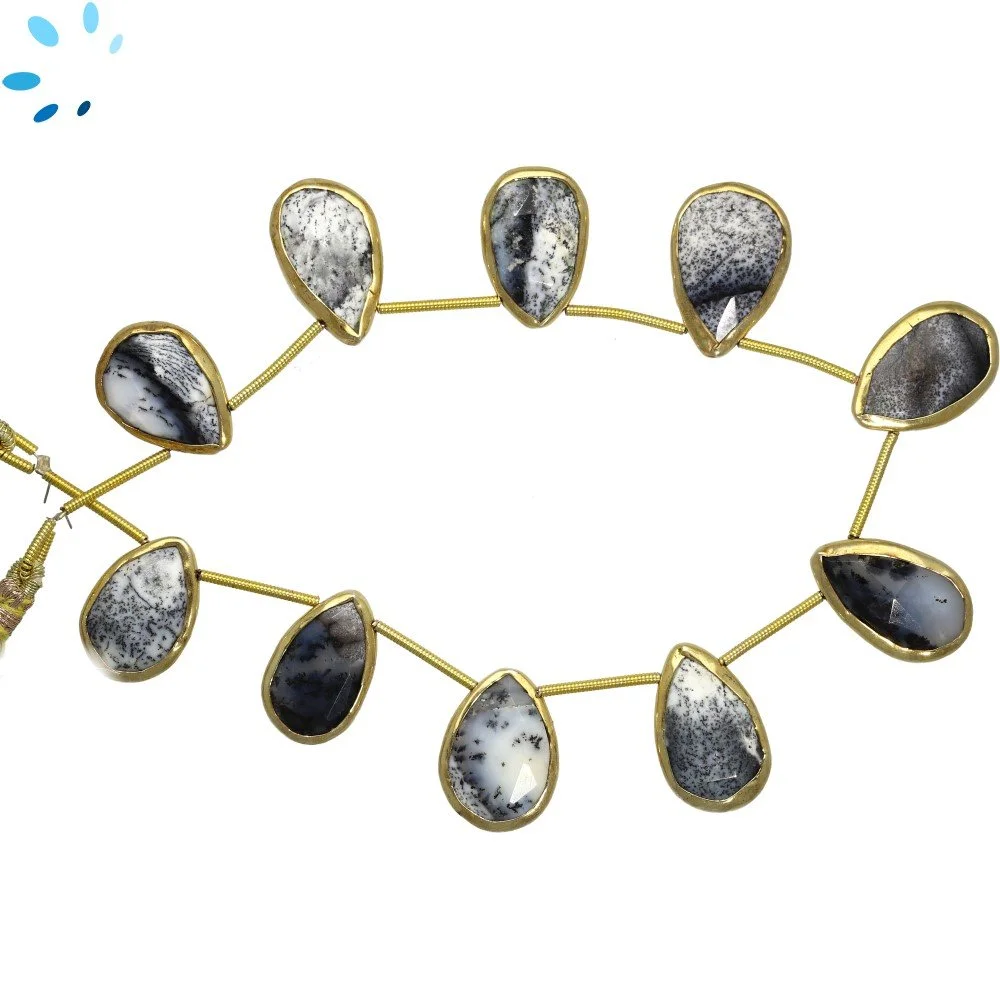 Dendrite Opal Faceted Pear Bezel Set Beads 18x12 - 20x14mm Top Drilled - 18k Gold Plated Sterling Silver