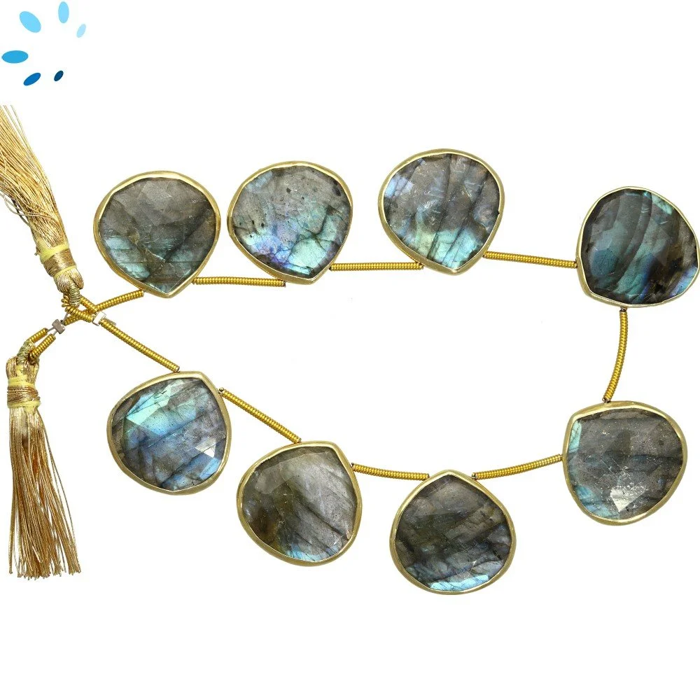 Labradorite Faceted Heart Bezel Set Beads 19mm Top Drilled - 18k Gold Plated Sterling Silver