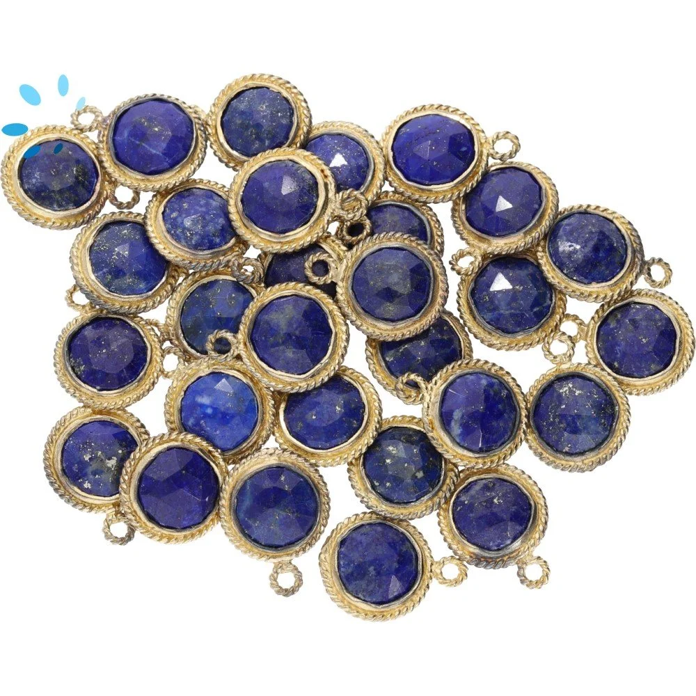 Lapis Coin Twisted Wire Bezel Pendant Charm 10mm - 18k Gold Plated Sterling Silver - Set of 4