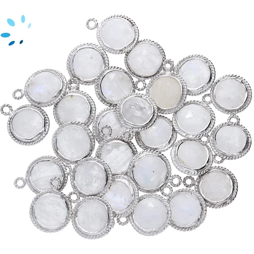 Rainbow Moonstone Coin Twisted Wire Bezel Charm Pendant 10mm - Silver Plated Sterling Silver - Set of 4