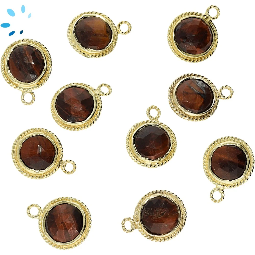 Red Tiger Eye Coin Twisted Wire Bezel Pendant Charm 10mm - 18k Gold Plated Sterling Silver - Set of 4