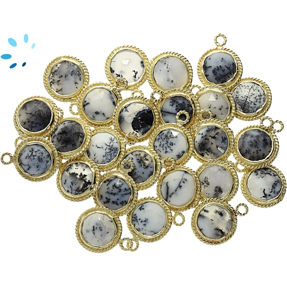 Dendrite Opal Coin Twisted Wire Bezel Pendant Charm 10mm - 18k Gold Plated Sterling Silver - Set of 4