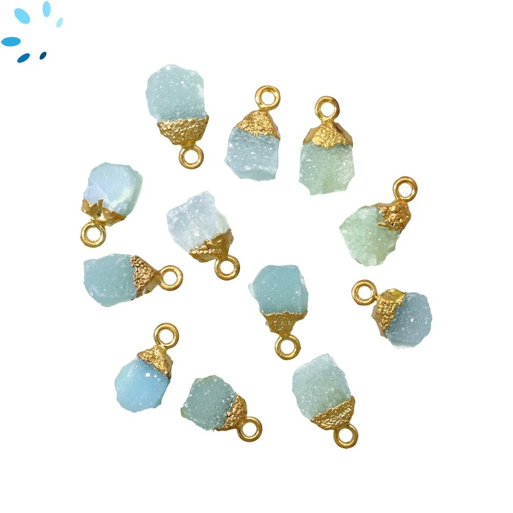 Aqua Druzy Rough Pendant Charm 8x5mm - 10x7mm 18k Gold Electroplated - Set of 4
