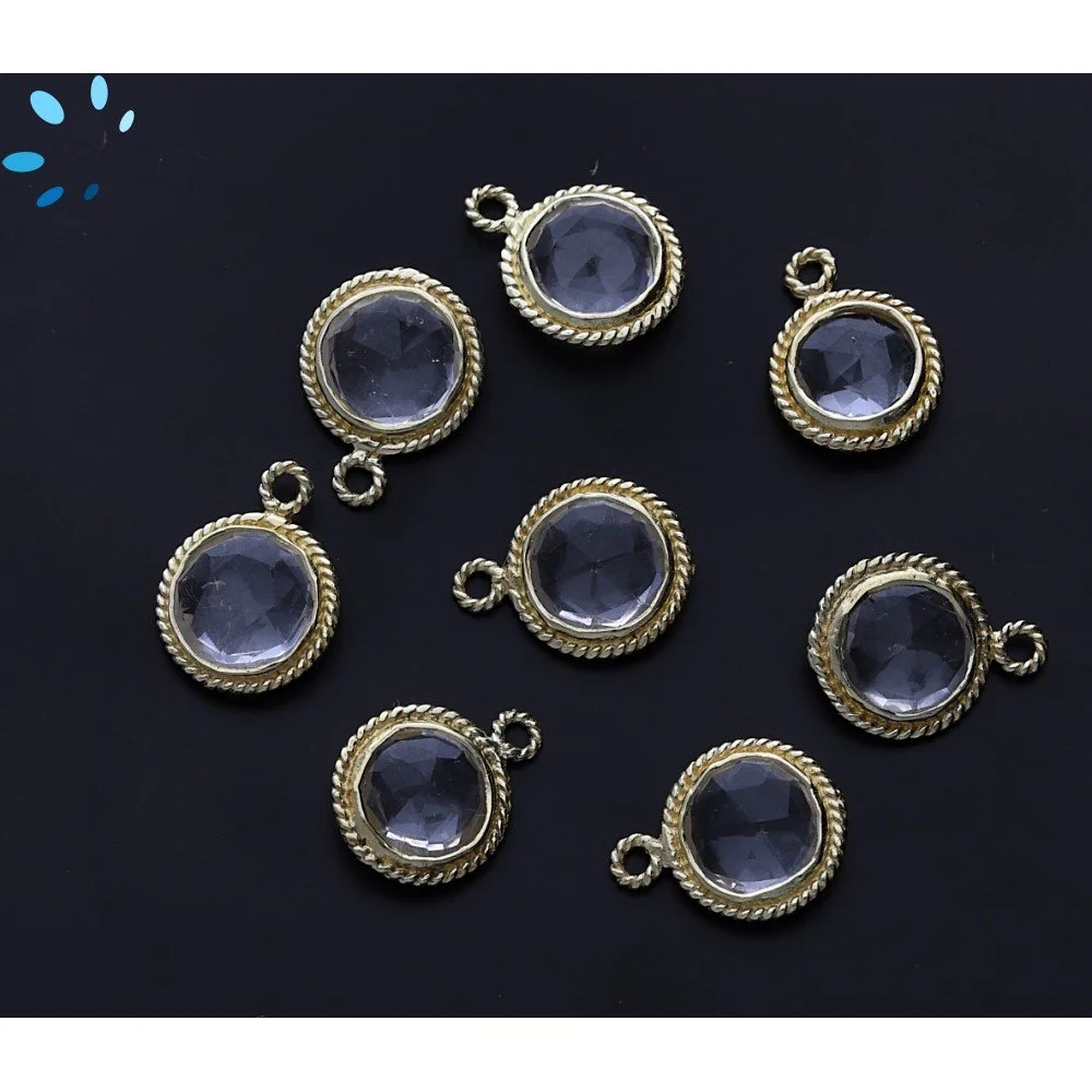 Crystal Quartz Coin Twisted Wire Bezel Pendant Charm 9mm - 18k Gold Plated Sterling Silver - Set of 4