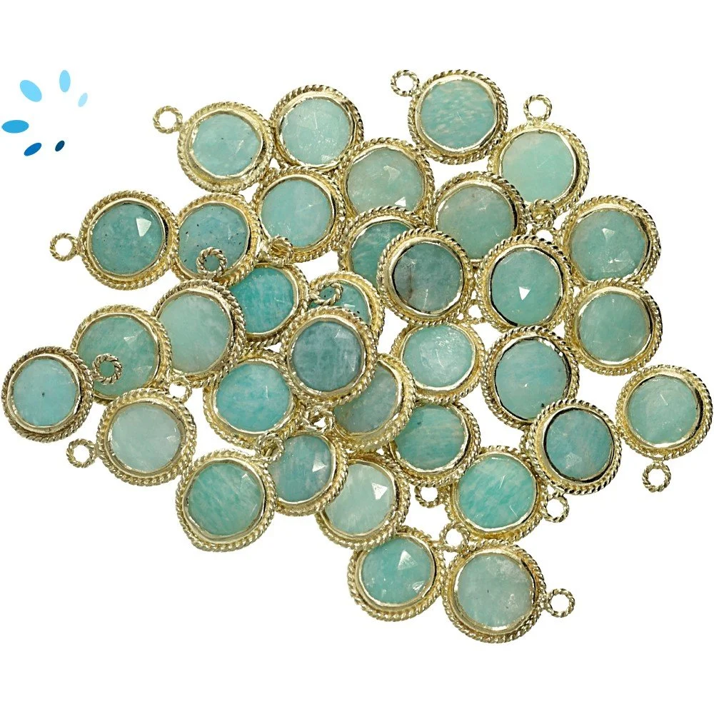 Amazonite Coin Twisted Wire Bezel Pendant Charm 9mm - 18k Gold Plated Sterling Silver - Set of 4