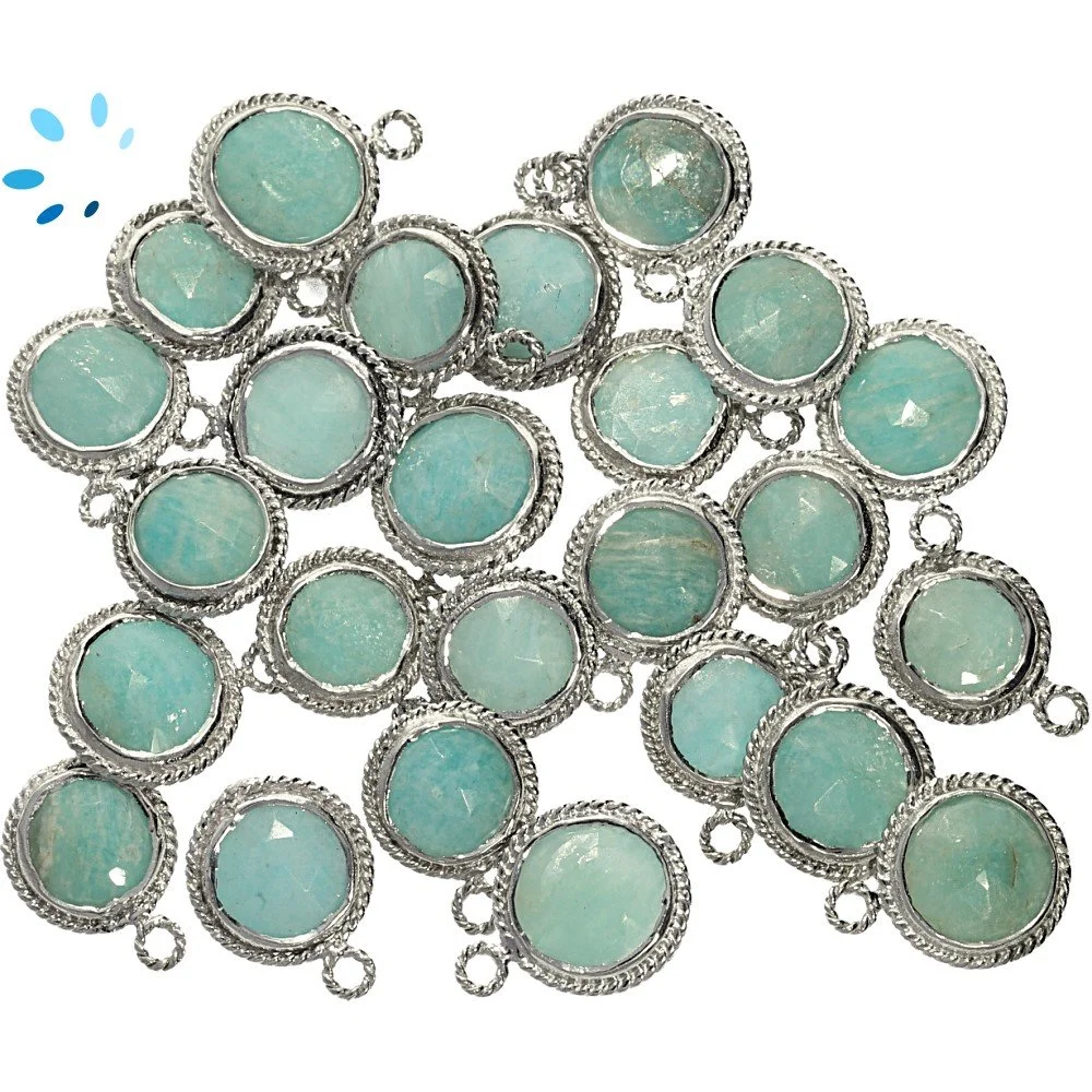 Amazonite Coin Twisted Wire Bezel Charm Pendant 9mm - Platinum Plated Sterling Silver - Set of 4