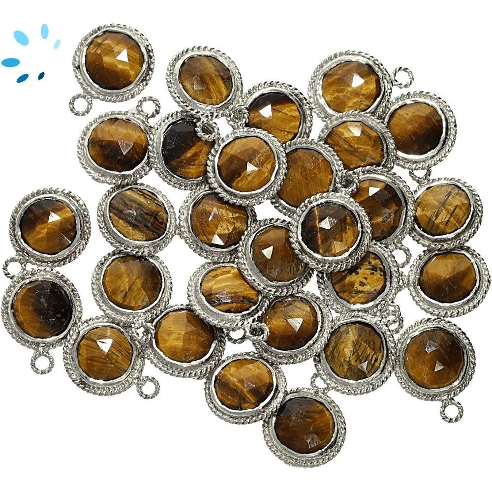 Tiger Eye Coin Twisted Wire Bezel Pendant Charm 9mm - Platinum Plated Sterling Silver - Set of 4