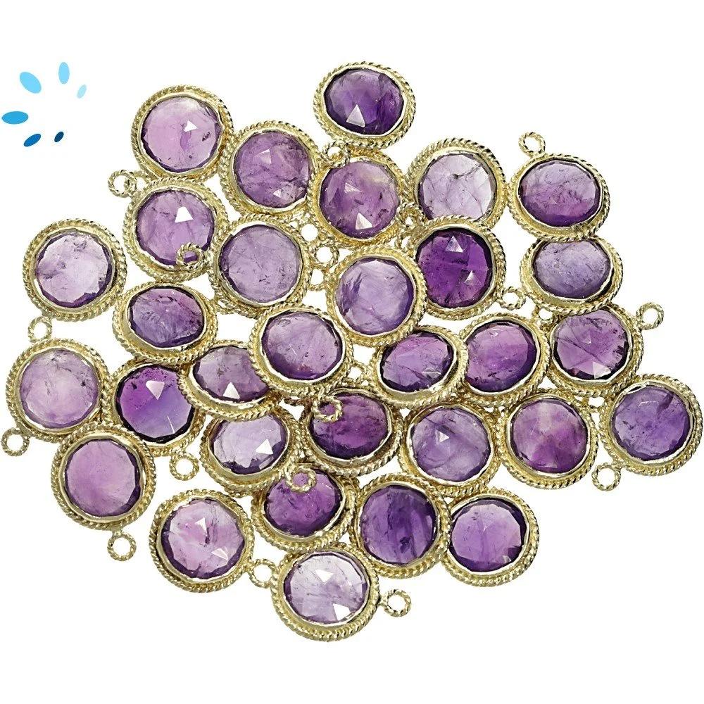 Amethyst Coin Twisted Wire Bezel Charm Pendant 9mm - 18k Gold Plated Sterling Silver - Set of 4