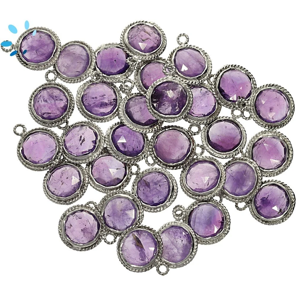 Amethyst Coin Twisted Wire Bezel Pendant Charm 9mm - Platinum Plated Sterling Silver - Set of 4