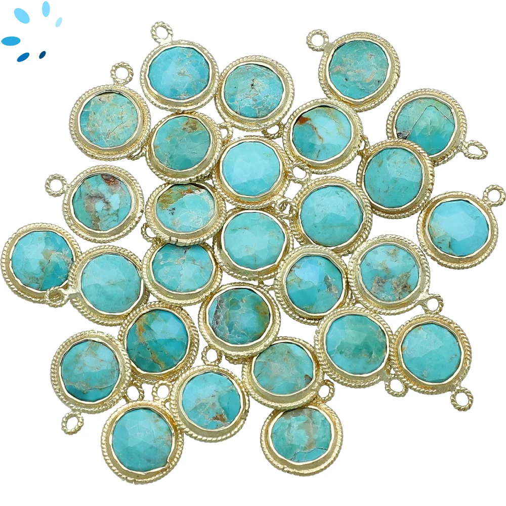 Turquoise Coin Twisted Wire Bezel Charm Pendant 9mm - 18k Gold Plated Sterling Silver - Set of 4