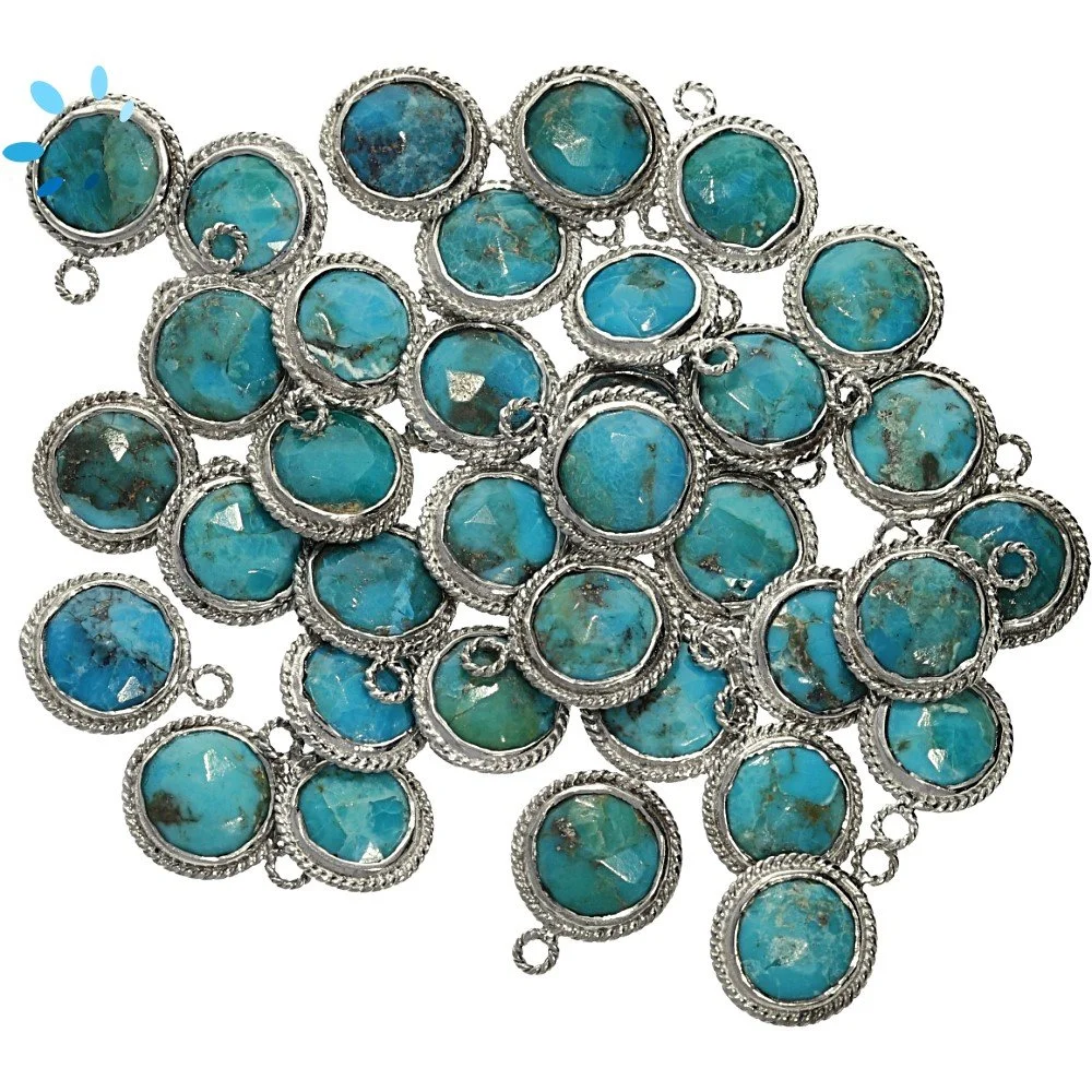 Turquoise Coin Twisted Wire Bezel Pendant Charm 9mm - Platinum Plated Sterling Silver - Set of 4