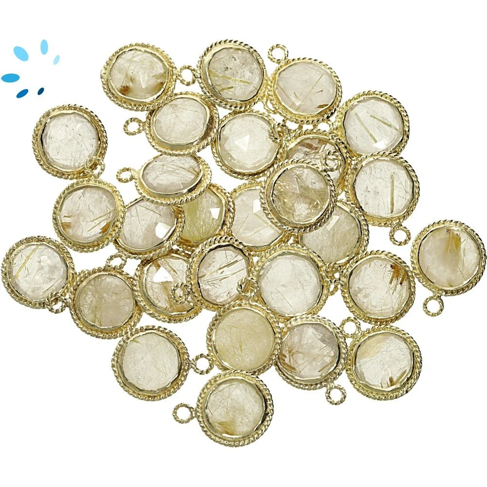 Rutilated Quartz Coin Twisted Wire Bezel Charm Pendant 9mm - 18k Gold Plated Sterling Silver - Set of 4