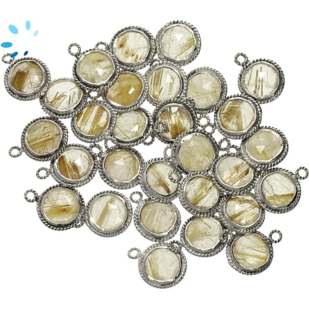 Rutilated Quartz Coin Twisted Wire Bezel Pendant Charm 9mm - Platinum Plated Sterling Silver - Set of 4