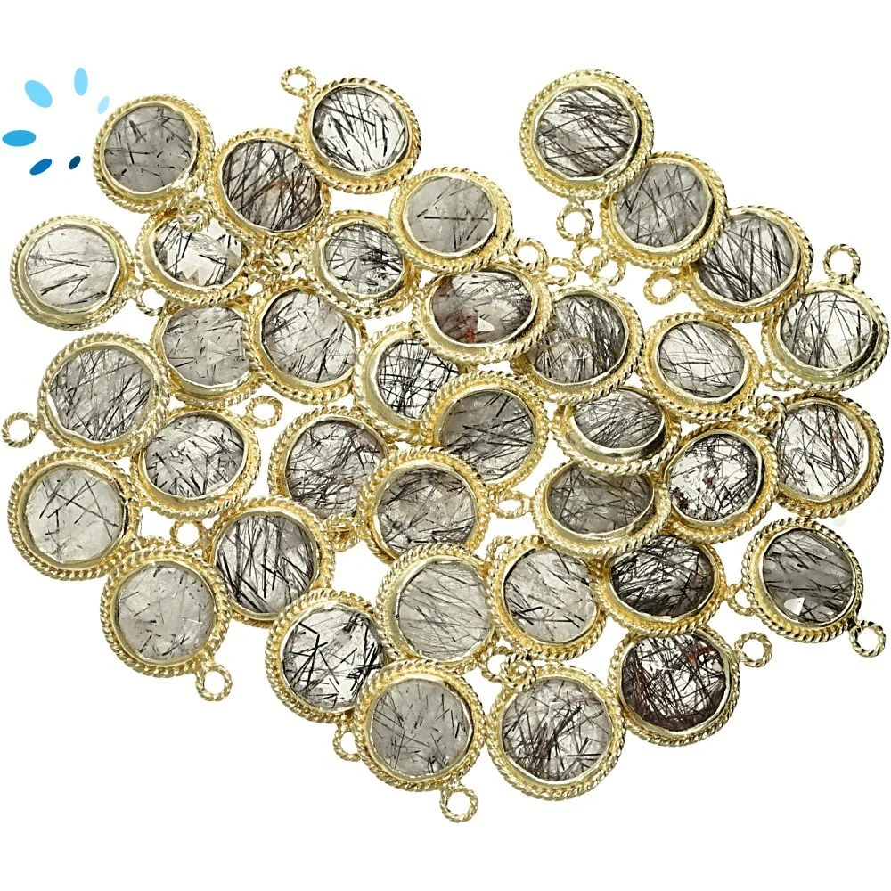 Tourmaline Quartz Coin Twisted Wire Bezel Charm Pendant 9mm - 18k Gold Plated Sterling Silver - Set of 4