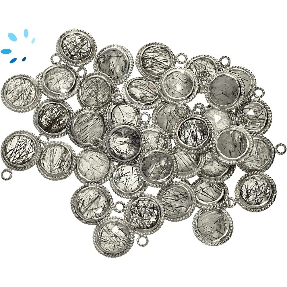 Tourmaline Quartz Coin Twisted Wire Bezel Pendant Charm 9mm - Platinum Plated Sterling Silver - Set of 4