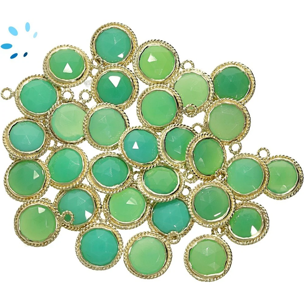Chrysoprase Chalcedony Coin Twisted Wire Bezel Charm Pendant 9mm - 18k Gold Plated Sterling Silver - Set of 4