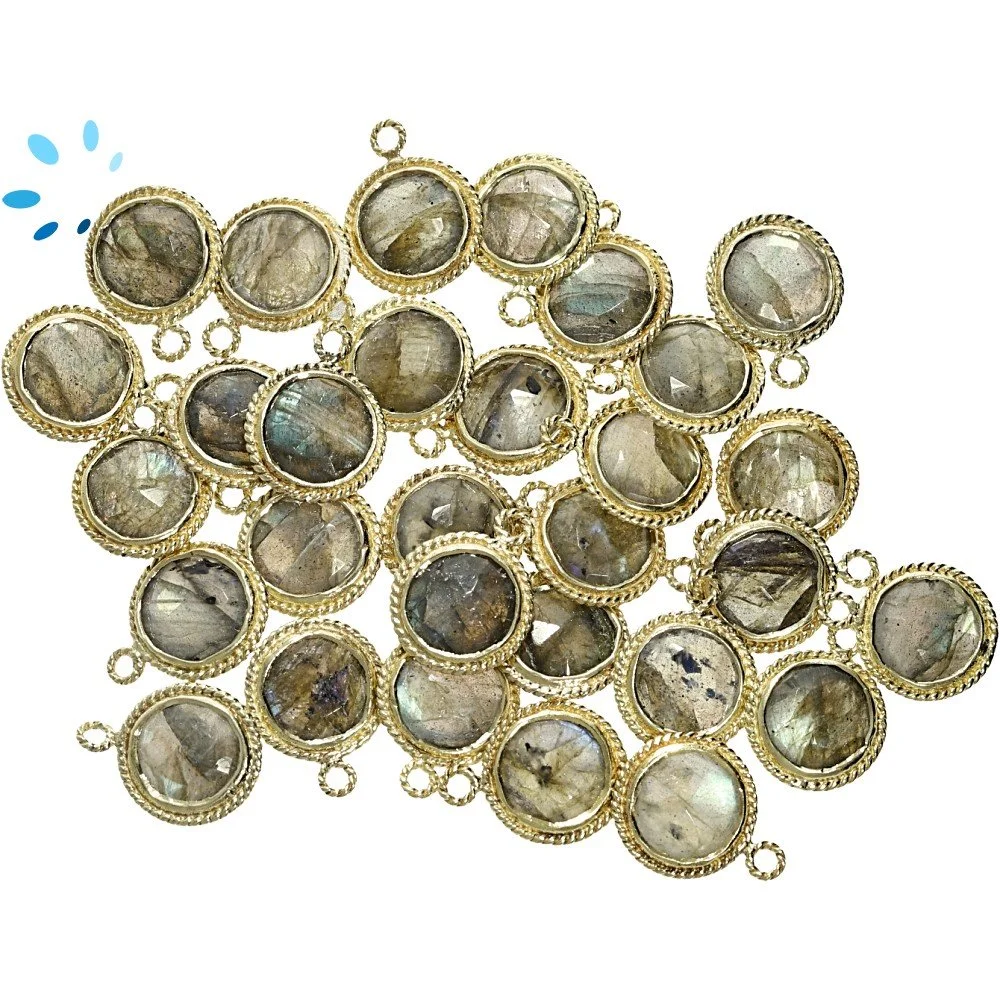 Labradorite Coin Twisted Wire Bezel Charm Pendant 9mm - 18k Gold Plated Sterling Silver - Set of 4