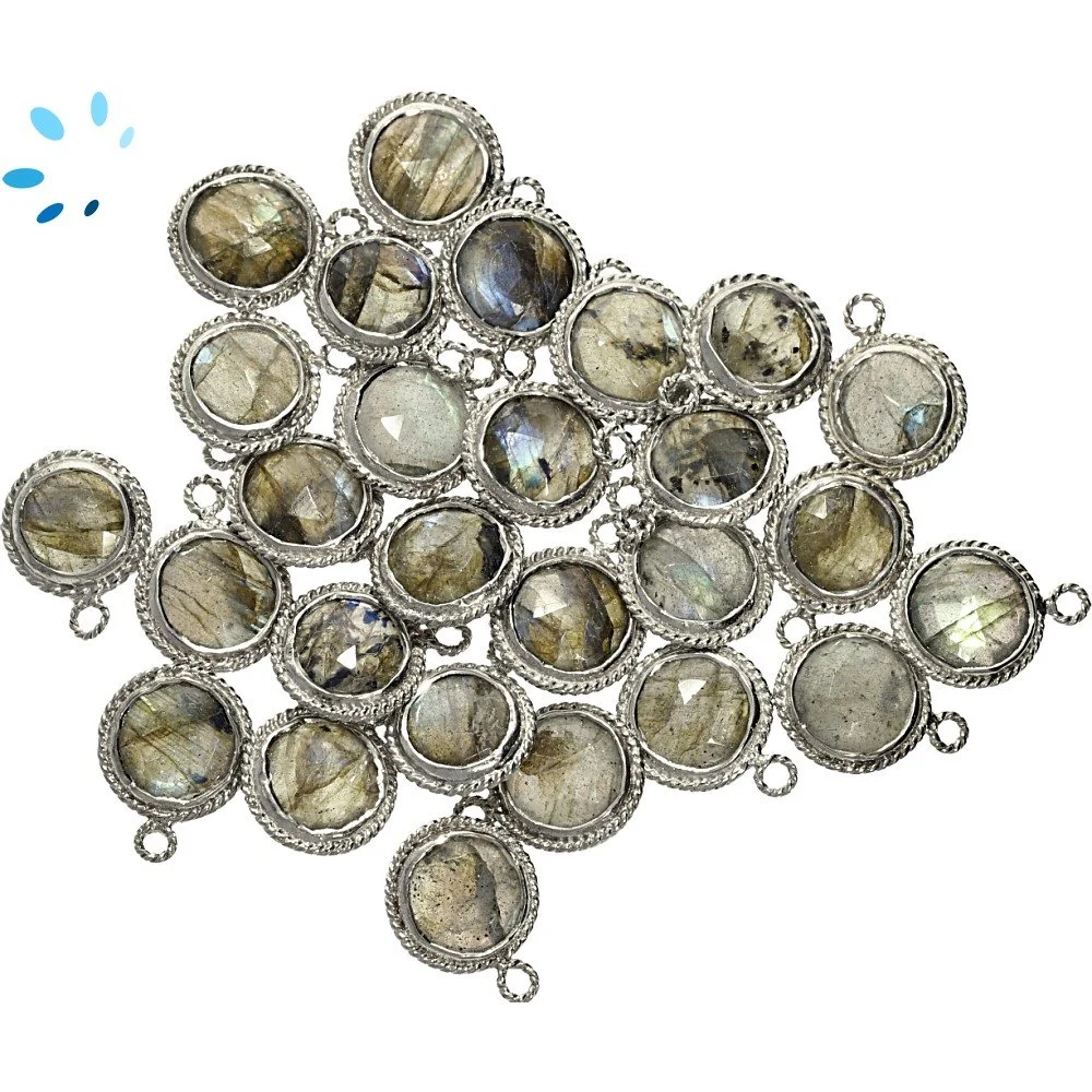 Labradorite Coin Twisted Wire Bezel Pendant Charm 9mm - Platinum Plated Sterling Silver - Set of 4
