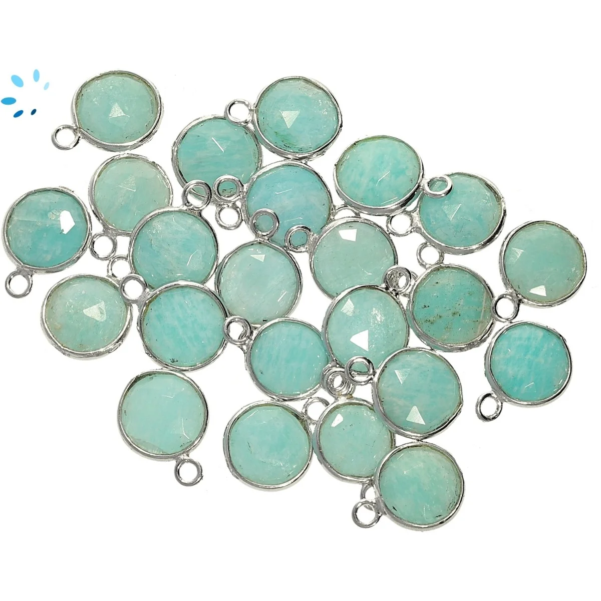 Amazonite Coin Bezel Pendant Charm 9mm - Platinum Plated Sterling Silver - Set of 4