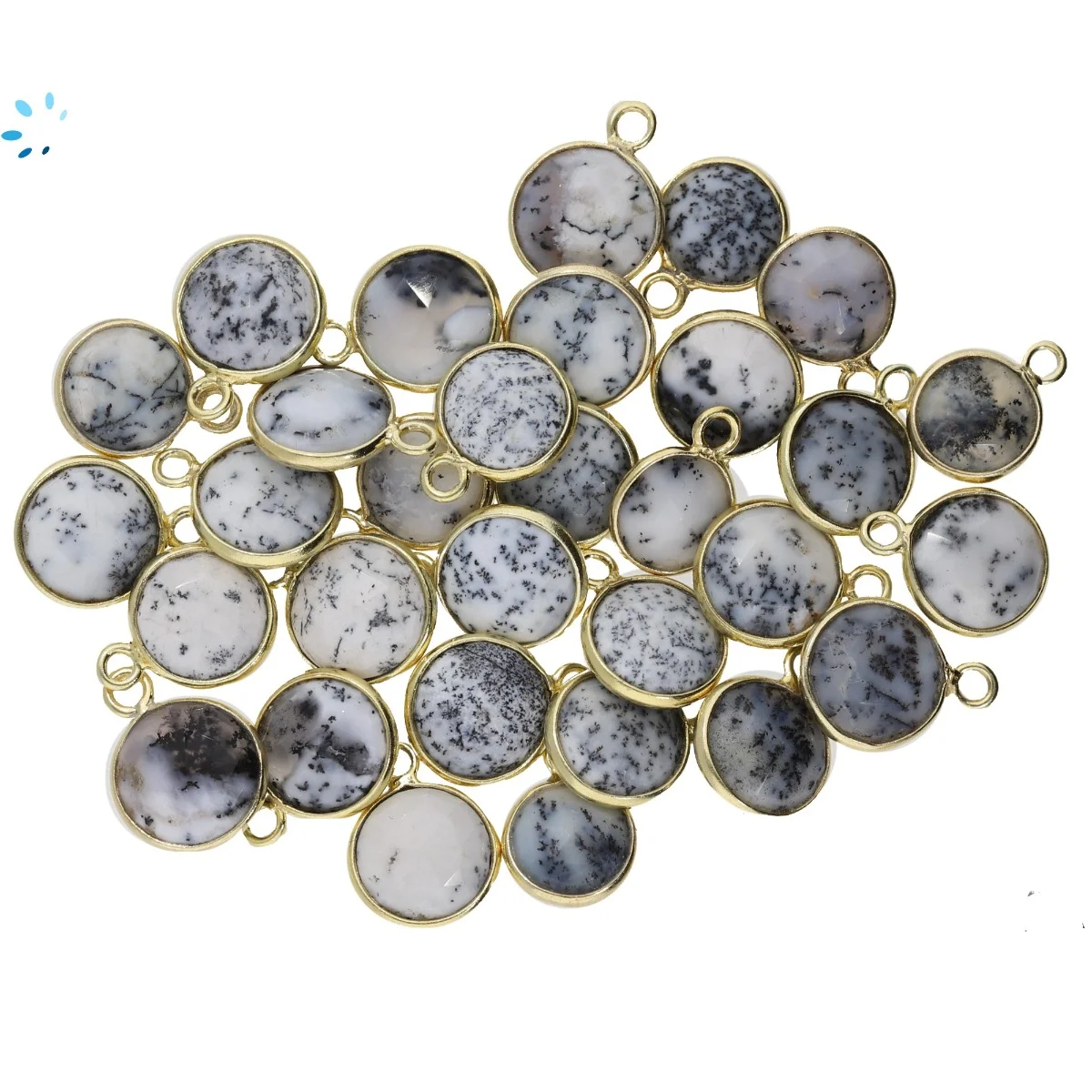 Dendrite Opal Coin Bezel Charm Pendant 9mm - 18k Gold Plated Sterling Silver - Set of 4